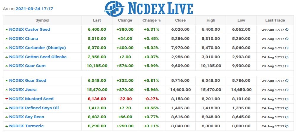 Ncdex futures Chart as on 24 Aug 2021